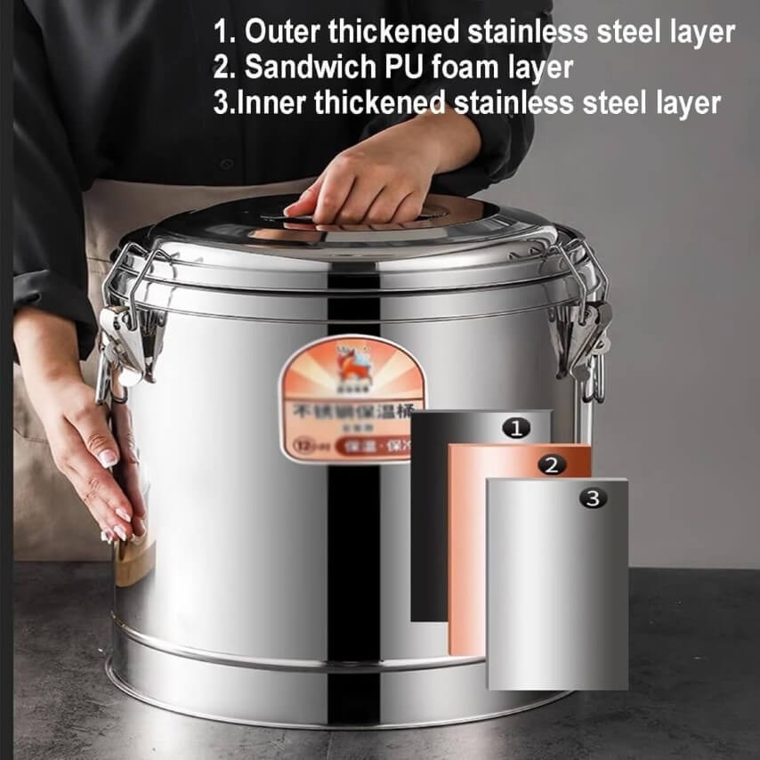 Bình giữ nhiệt cao cấp dung tích 80 lít, chất liệu inox 304, có vòi rót, thời gian giữ nhiệt đến 24 giờ, chuyên dùng cho cửa hàng và nhà hàng, bảo hành 1 năm