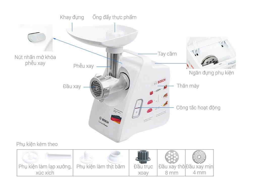 Máy xay thịt Bosch MFW3520W nhập khẩu Đức. Bảo hành 2 năm